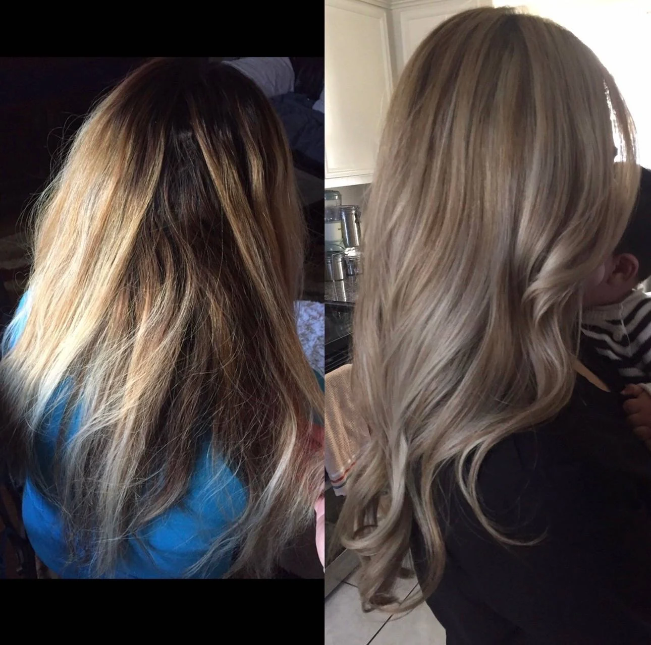Before and after of long hair transformed with soft lived-in blonde dimension